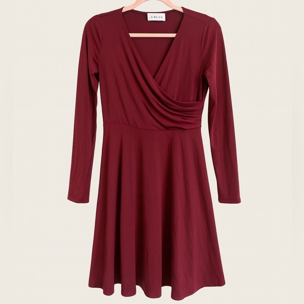 Gilli Burgundy Faux Wrap Dress Size Large Long Sleeve Stretch Fit & Flare